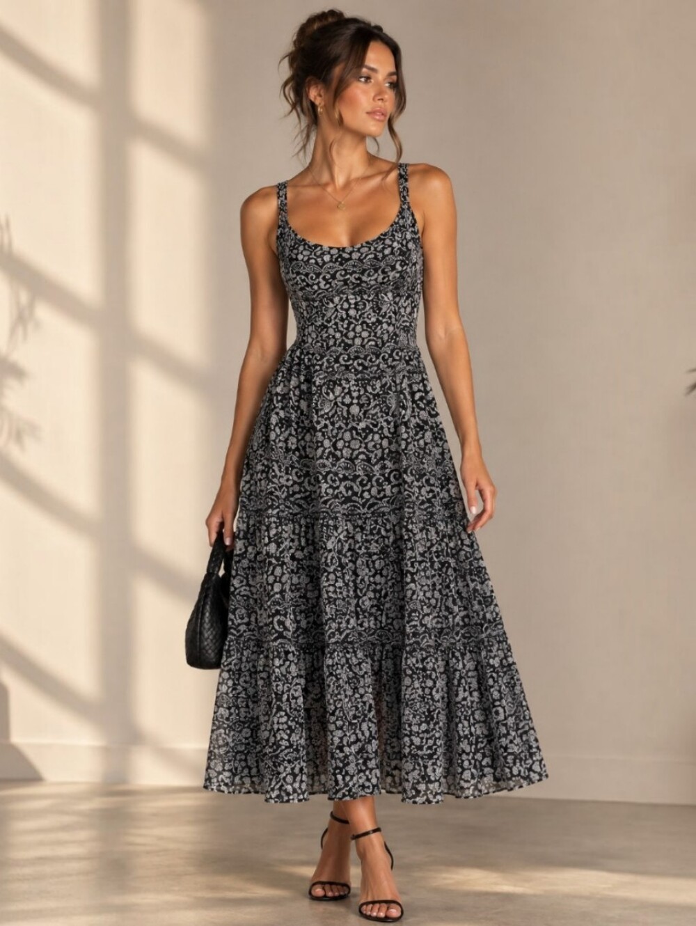 Nine West 100% Silk Black & Gray Floral Scroll Pattern Midi Dress Size 16